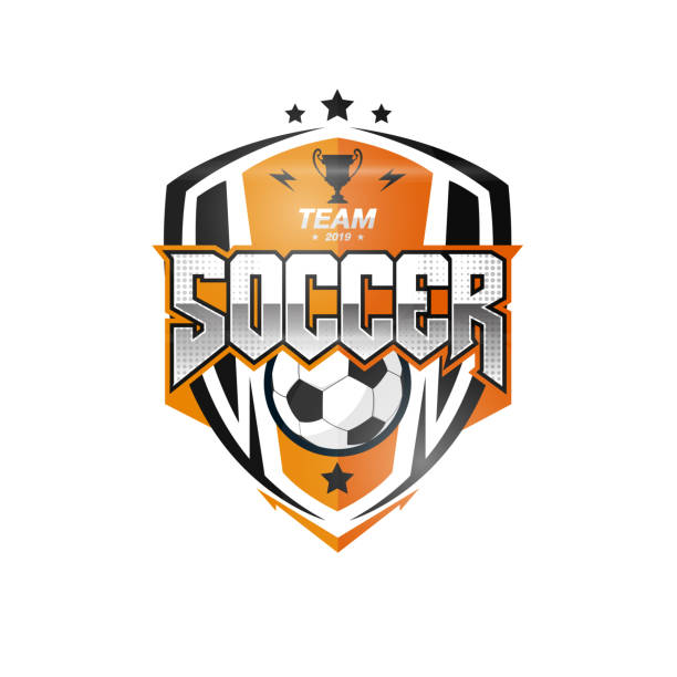 fußball-fußball-abzeichen schwarz oranges design-vorlagen | sport team identity vector illustrationen isoliert auf weißem hintergrund - jugendfußball stock-grafiken, -clipart, -cartoons und -symbole