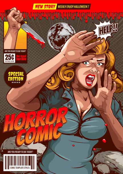 ilustraciones, imágenes clip art, dibujos animados e iconos de stock de plantilla de portada cómica de terror 6 - blood human hand women murder