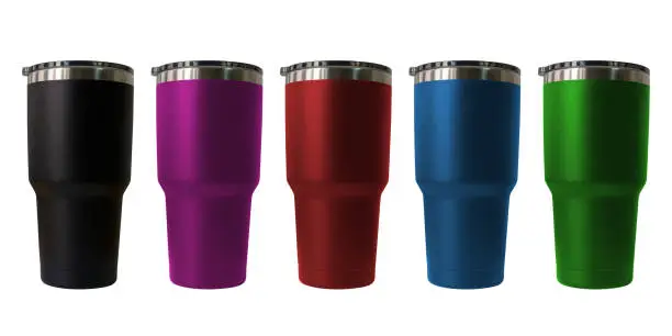 Photo of Stainless steel travel tumbler colour black, pink, blue, red and green, Size portable isolated on white background, Clipping path included