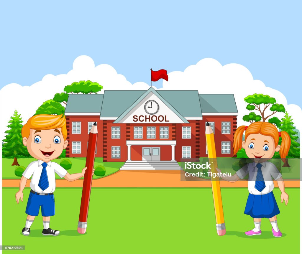 卡通學校的孩子在學校院子裡向量圖形及更多School Supplies圖片 - School Supplies, 一起, 人 - iStock