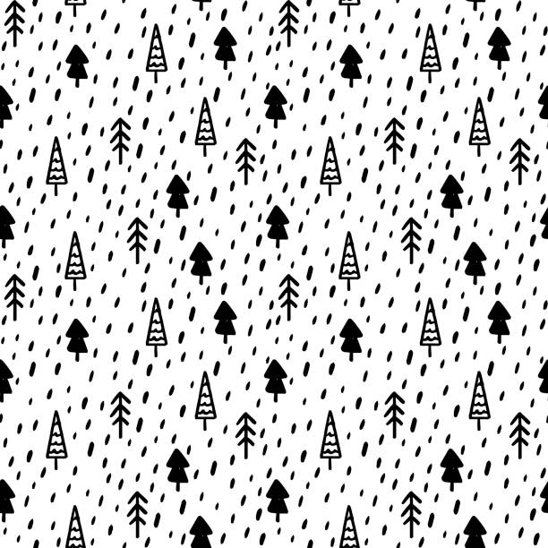 ilustrações de stock, clip art, desenhos animados e ícones de hand draw christmas tree seamless pattern in black and white colors. monochrome vector simple scandinavian background. - christmas christmas tree snow illustration and painting