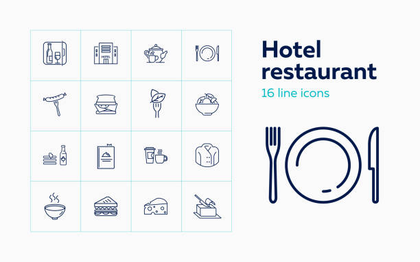 Hotel restaurant line icon set Hotel restaurant line icon set. Set of line icons on white background. Hotel, food, dish. Food concept. Vector illustration can be used for topics like hotel, restaurant, cafe silverware illustrations stock illustrations
