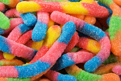 Bright and colorful candy worms.