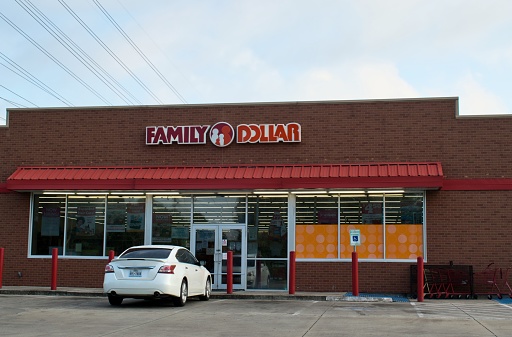 Houston, Texas/USA 08/14/2019: Family Dollar Store was founded in 1959 Charlotte NC and can be found in all but 4 US States and is a variety store. Location pictured is in Humble, TX.