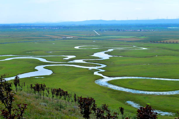 istock Rural environment with vast green field or valley, pathways, riv 1170234319