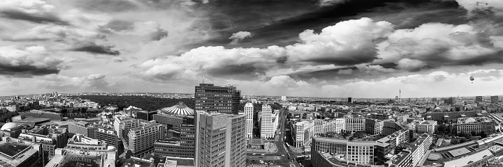 Potsdamer Platz, black and white aerial view in Berlin.