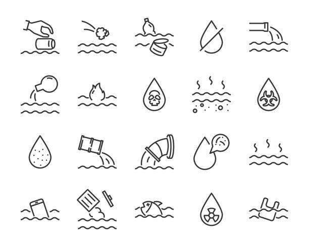 bildbanksillustrationer, clip art samt tecknat material och ikoner med uppsättning vatten förorenings linje ikoner - toxic water