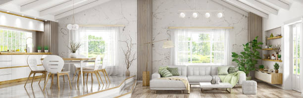 모던 하우스, 거실, 식당, 주방 파노라마 3d 렌더링의 인테리어 - chair coffee table curtain floor 뉴스 사진 이미지