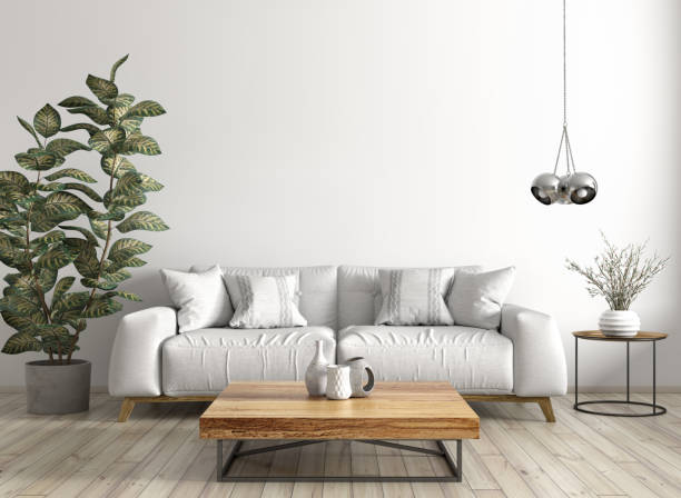Interior of modern living room with sofa 3d rendering Modern interior design of living room with sofa, wooden coffee table, against white wall 3d rendering coffee table stock pictures, royalty-free photos & images