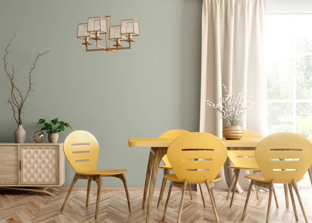 Interior of modern dining room 3d rendering Interior of modern dining room, yellow table and chairs against green wall with big window and curtain 3d rendering dining room stock pictures, royalty-free photos & images