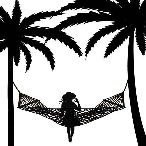 ハンモックでくつろぐ手のひらと女性とのトロピカルシーン - hammock relaxation palm tree outdoors点のイラスト素材／クリップアート素材／マンガ素材／アイコン素材