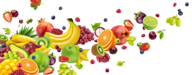 istock Flying fruits and berries isolated on white background 1170242412