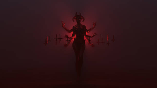 istock Black Seductive Multi-Armed Devil Woman with Upside Down Floating Crosses Abstract Demon in a Foggy Void Front View 1170242832