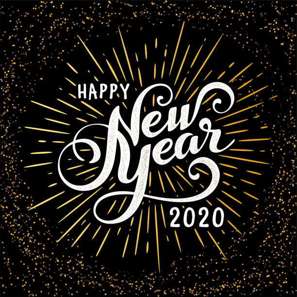 Vintage festive label with burst Happy 2020 New Year Greeting Card. Holiday Vector Illustration With Lettering Composition And Burst. Vintage festive label 2020 stock illustrations