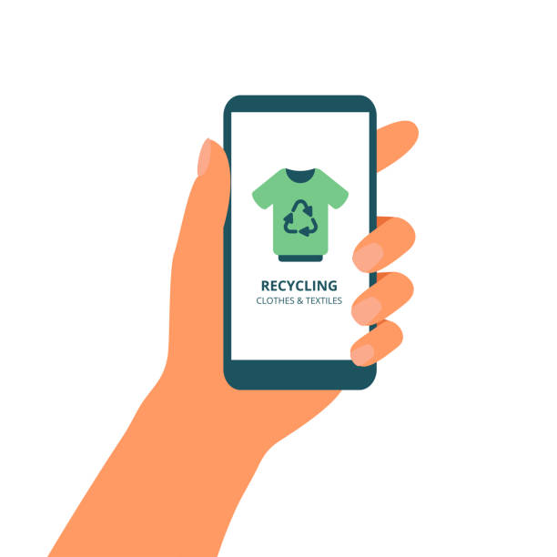 Hand holds mobile phone with green concept of recycle clothing and textile on the screen Hand holds mobile phone with green concept of recycle clothing and textile on the display. Waste recycle management onboarding mobile app page screen. Vector illustration sustainable fashion stock illustrations