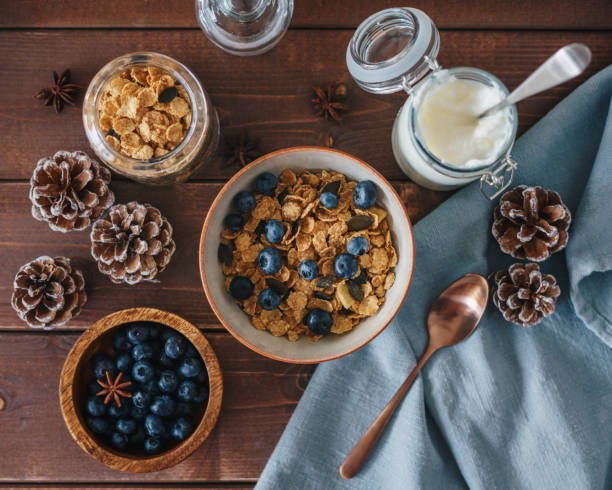 Bowl of breakfast cereal with blueberries
