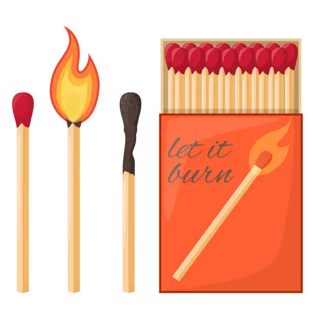 Vector illustration of Flaming match and burned match