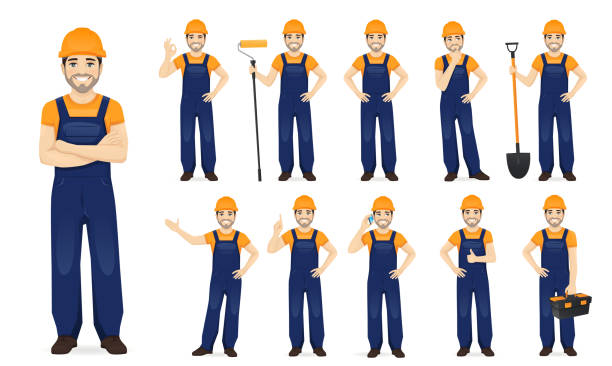 Constarction worker Constarction worker. Man in blue overalls set with different gestures isolated vector illustration painter stock illustrations