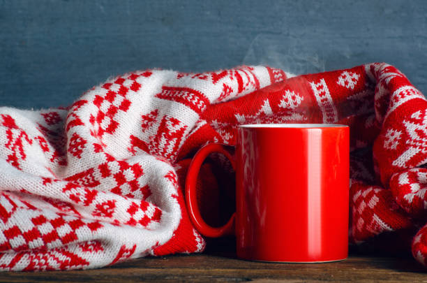 istock Red cup mug of tea coffee with warm winer plaid 1170250450