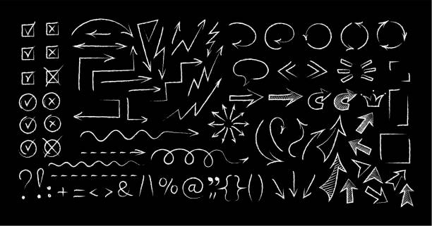 Sketchy arrows and symbols chalk style set Sketchy arrow chalk style set vector illustration. Group of chalked arrows and checkboxes, chalk marker style symbols for hand drawn diagrams, mind maps and communication highlight drawings chalk drawing stock illustrations