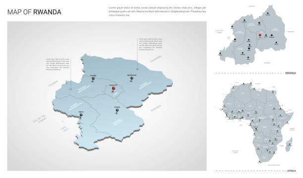 illustrazioni stock, clip art, cartoni animati e icone di tendenza di insieme vettoriale del paese ruandese.  mappa 3d isometrica, mappa ruandese, mappa dell'africa - con regione, nomi di stati e nomi di città. - ruanda