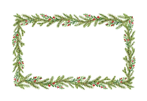 Watercolor vector Christmas frame with fir branches and place for text. Illustration for greeting cards and invitations. Winter holiday background.