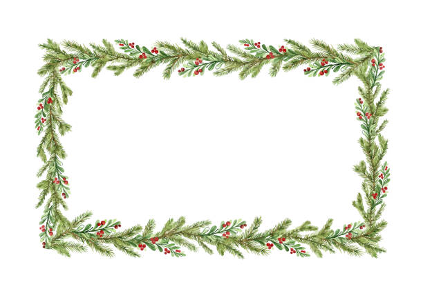 Watercolor vector Christmas frame with fir branches and place for text. Watercolor vector Christmas frame with fir branches and place for text. Illustration for greeting cards and invitations. Winter holiday background. christmas border stock illustrations