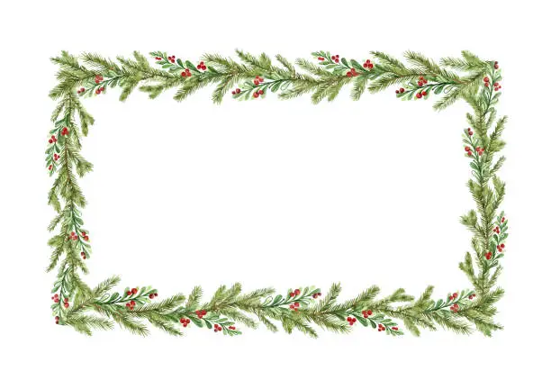 Vector illustration of Watercolor vector Christmas frame with fir branches and place for text.
