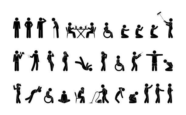 ilustrações de stock, clip art, desenhos animados e ícones de variety of standing and sitting poses, people in different situations, stickman stick figure, pictogram icons - prayer call