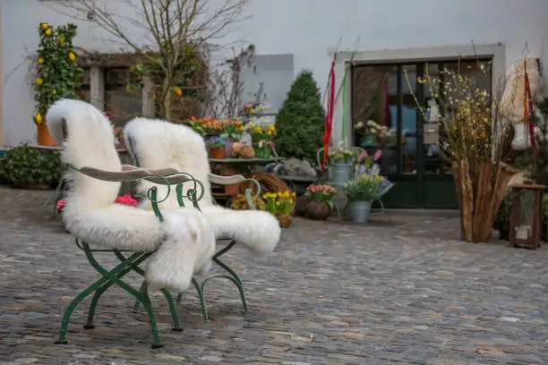 Two chairs with lambskin in the street in front of a flower shop