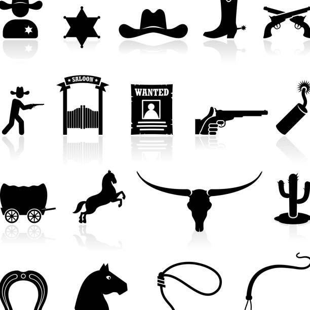 illustrazioni stock, clip art, cartoni animati e icone di tendenza di selvaggio west, cowboy & bianco nero di icone vettoriali royalty-free - wanted poster immagine