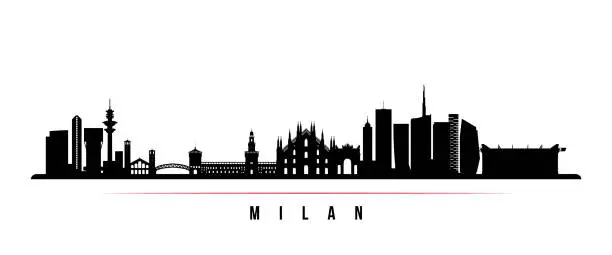 Vector illustration of Milan City skyline horizontal banner. Black and white silhouette of Milan City, Italy. Vector template for your design.