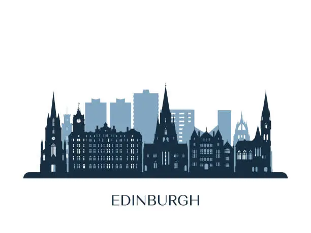 Vector illustration of Edinburgh skyline, monochrome silhouette. Vector illustration.