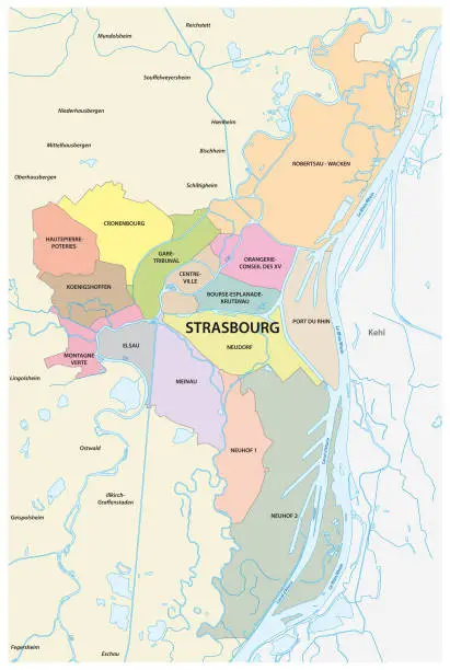 Vector illustration of administrative and political map of the Alsatian capital Strasbourg, France