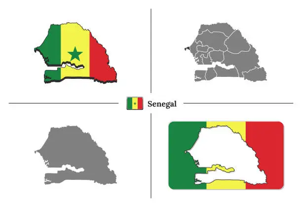 Vector illustration of Map of Senegal with national flag and state regions in vector set