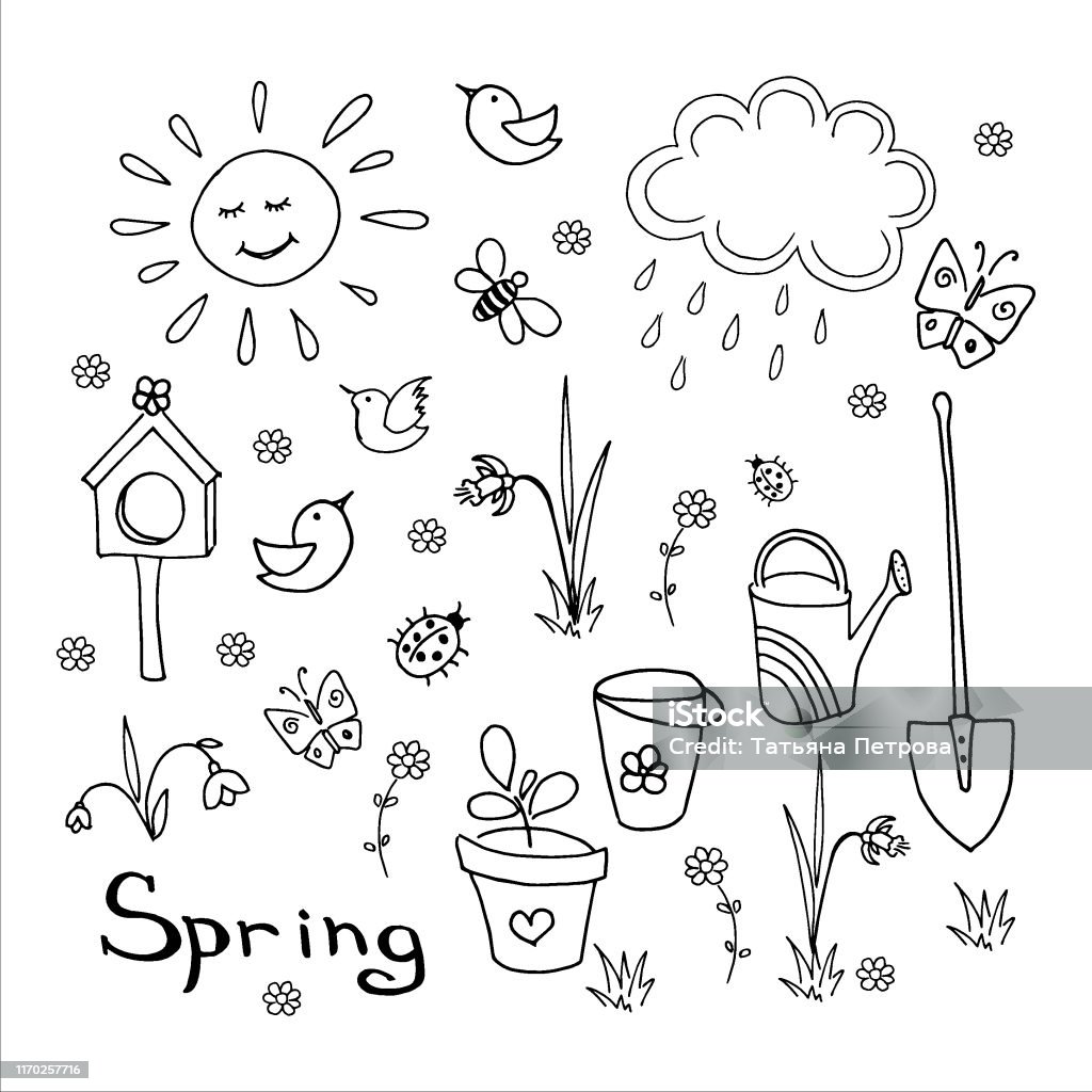 Spring Draw Non Color Spring Doodle Set Collection Of Simple Handdrawn Cute Elements Black ...