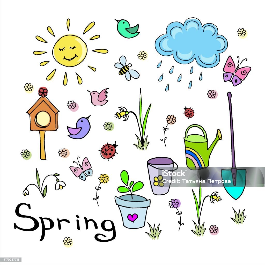 Springald Simple Drawing Spring Doodle Set Collection Of Simple Handdrawn Cute Elements Colored ...