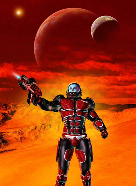 istock Futuristic Warrior on an alien Planet with two moons, 3d illustration 1170262671