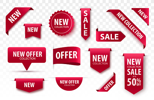 New Collection Sale Tags. 3d Labels And Badges. Red Scroll Ribbons. Vector Banners