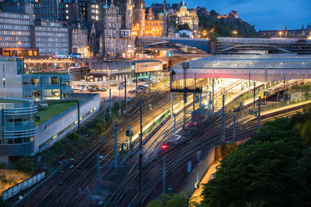 istock View form above of a train station at dusk 1170264884