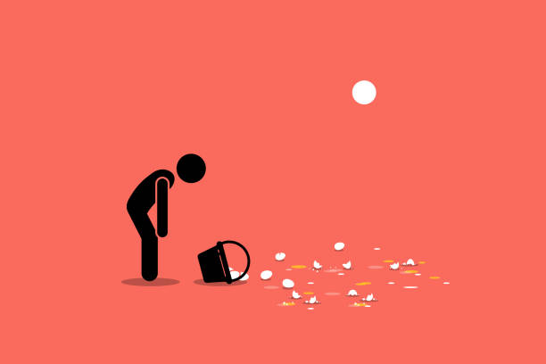Don't put all your eggs in one basket. Vector artwork showing a man accidentally dropping his basket of eggs on the floor and breaking them. Concept of fail investment, mistake, and financial lost. put down stock illustrations
