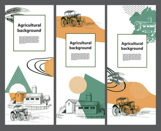 Vector illustration of Set of agricultural banners. Tractor and farm. Abstract composition.