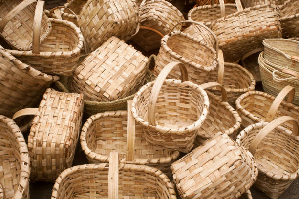 istock Heap of wicker baskets display in a market stall. 1170265833