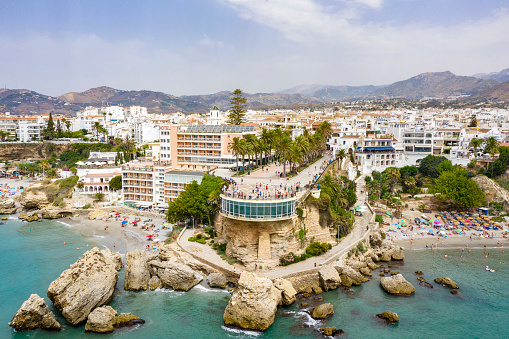 Aerial view from the sea of Balcon de Europa in Nerja, Malaga,Spain