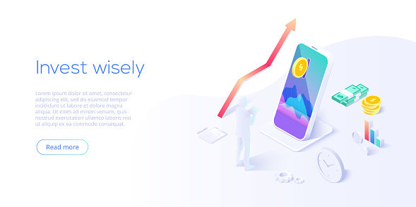 Invest money wisely concept in isometric vector illustration. Long term financial investment with smartphone analytics tool app. Web banner layout template for website or social media.