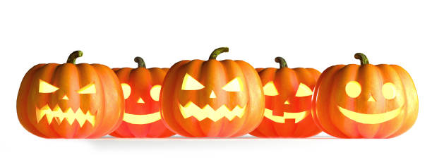 istock Five Halloween Pumpkins in a row isolated on white background. 3D Rendering illustration 1170270421