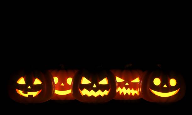 istock Group of Halloween Jack o Lanterns on dark background. 3D Rendering illustration 1170270929