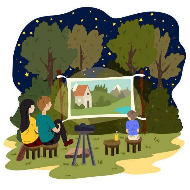 A young couple and a little boy are watching an outdoor movie. Street cinema A young couple and a little boy are watching an outdoor movie. Street cinema. movie-theater-exterior stock illustrations