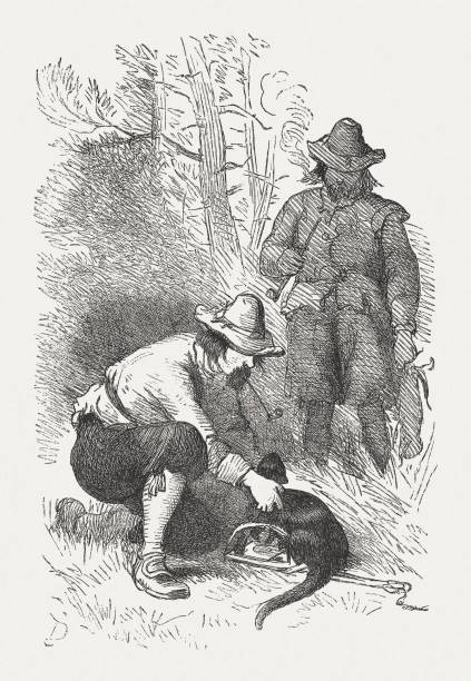 North American fur trappers in the past, woodcut, published 1876 North American fur trappers in the past. Wood engraving after a drawing by Felix Darley (American illustrator and engraver, 1824 - 1888), published in 1876. two men hunting stock illustrations