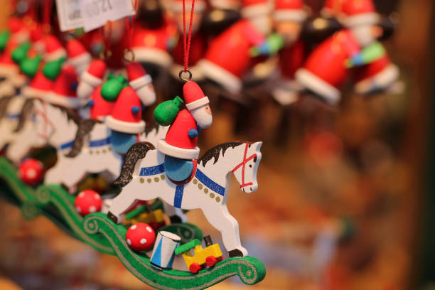 Wooden toys for sale at Christmas market in Dresden, Germany. stock photo